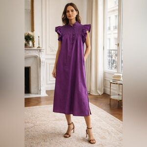 Eche Purple Contrast Smocked Midi Dress Ruffle Sleeve St. Bernard Size M NWT